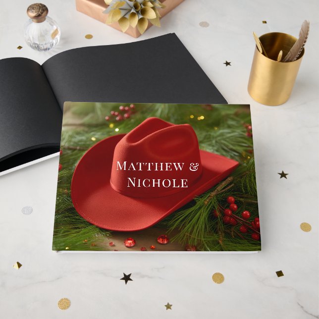 Livre D'or Chapeau de cowboy rouge pour mariage de Noël (Recto ouvert)