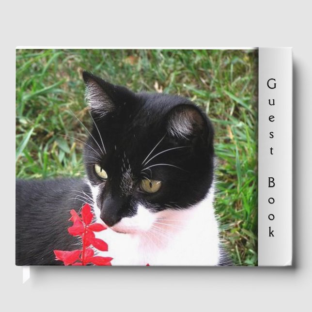 Livre D'or Chat Tuxedo dans le jardin Texte personnalisé dans (Recto)