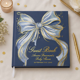 Livre D'or Chic Bleu Couture Aquarelle Nœud Doré Baby Shower