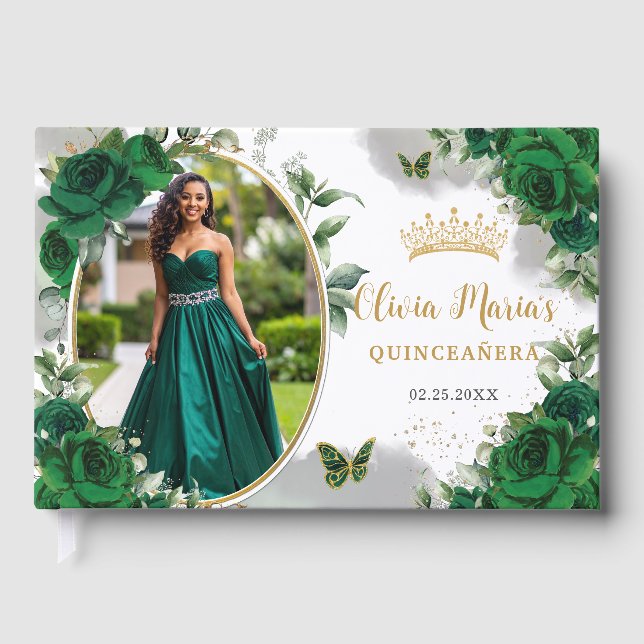 Livre D'or Chic Emerald Green Floral Gold Quinceanera Photo (Recto)