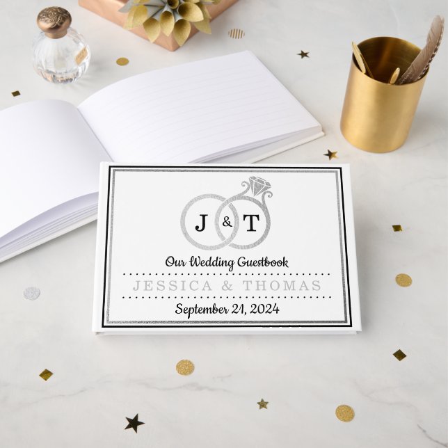 Livre D'or Chic Faux Argent Huile Monogramme Mariage Cercles (Recto ouvert)