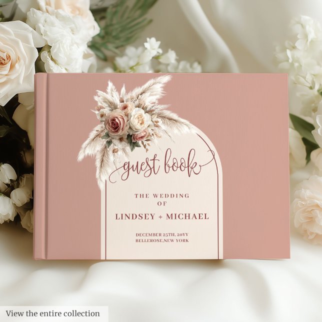 Livre D'or Chic Pampas rose pâtisserie Mariage d'arc floral (Chic Dusty Pink Pampas Grass Floral Arch Wedding Guest Book)