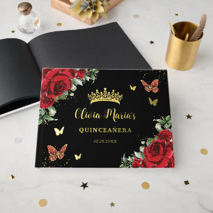 Livre D'or Chic Papillons Floraux Rouges Quinceanera Noir Or