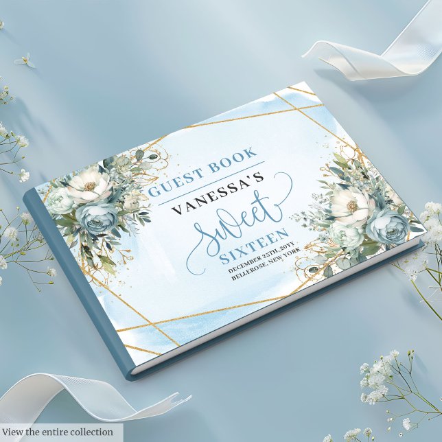 Livre D'or Chic Pastel Bleu Blanc Or Fleurs Sweet sixteen (Chic Pastel Blue White Gold Flowers Sweet Sixteen Guest Book)