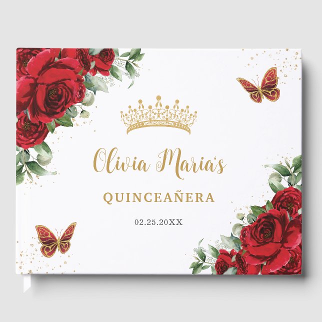 Livre D'or Chic Roses Rouges Papillons Floraux Quinceanera Or (Recto)