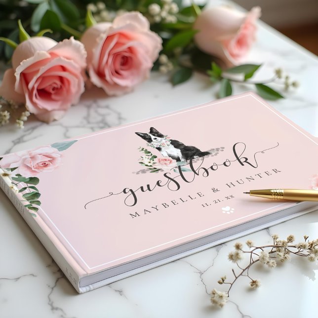 Livre D'or Chien Border Collie à l'aquarelle & Rose rose flor (Watercolor Border Collie Dog & Floral Pink Rose Guest Book)