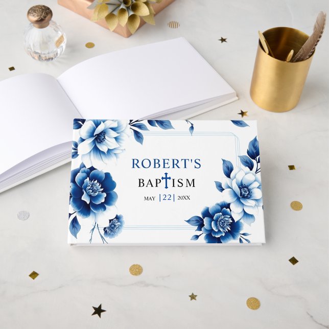 Livre D'or Chinoiserie florale bleue et triple frontière Bapt (Recto ouvert)