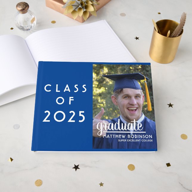 Livre D'or Classe personnalisée de 2023 Graduation Blue Photo (Recto ouvert)