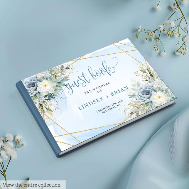 Livre d'or classique Dusty Blue Gold Flowers (Classic Dusty Blue White Gold Flowers Guest Book)