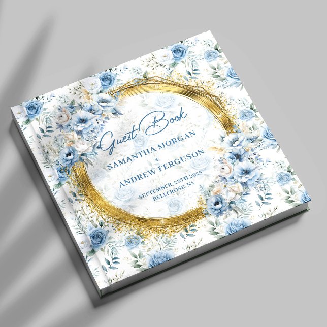 Livre d'or classique Parties scintillant bleu clai (Classic Light Blue Gold Glitter Wedding Guest Book)