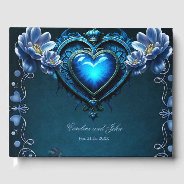 Livre D'or Coeur gothique bleu entouré de fleurs magiques (Recto)