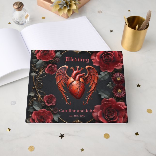 Livre D'or Coeur rouge gothique avec Rose - Romantique foncé (Recto ouvert)
