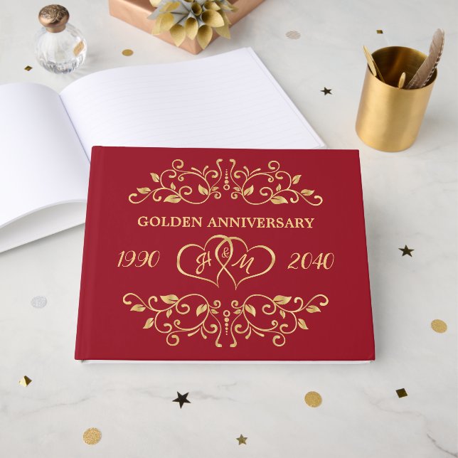 Livre D'or Coeurs à feuilles d'or 50e anniversaire Mariage (Recto ouvert)