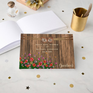 Livre D'or Coeurs en bois de monogramme avec Fleur sauvage - 
