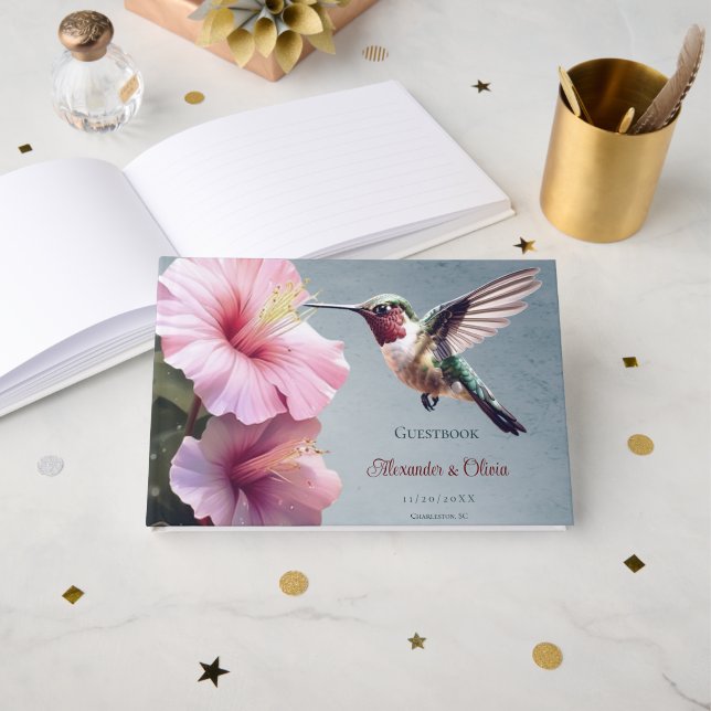 Livre D'or Colibri et Mariage d'Hibiscus | Bleu (Recto ouvert)