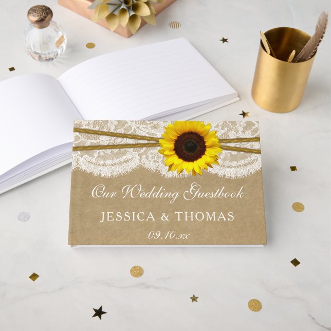Livre D'or Collection de Mariages Kraft, dentelle et tourneso (Recto ouvert)