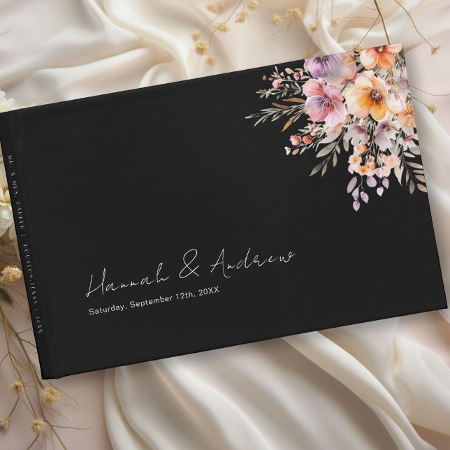 Livre D'or Coloré, Bouquet de fleurs, Mariage, Noir (Colorful, Flower Bouquet, Wedding Black Guest Book with your name and date.)