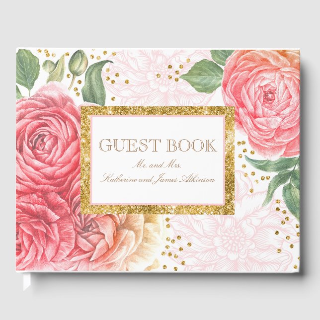 Livre D'or Confetti or et Fleurs roses Mariage chic (Recto)