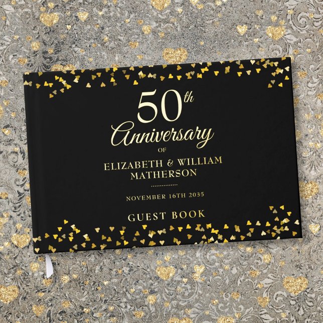 Livre D'or Confettis de coeurs dorés pour les 50 ans de maria (50th Wedding Anniversary Gold Hearts Confetti Foil Guest Book)
