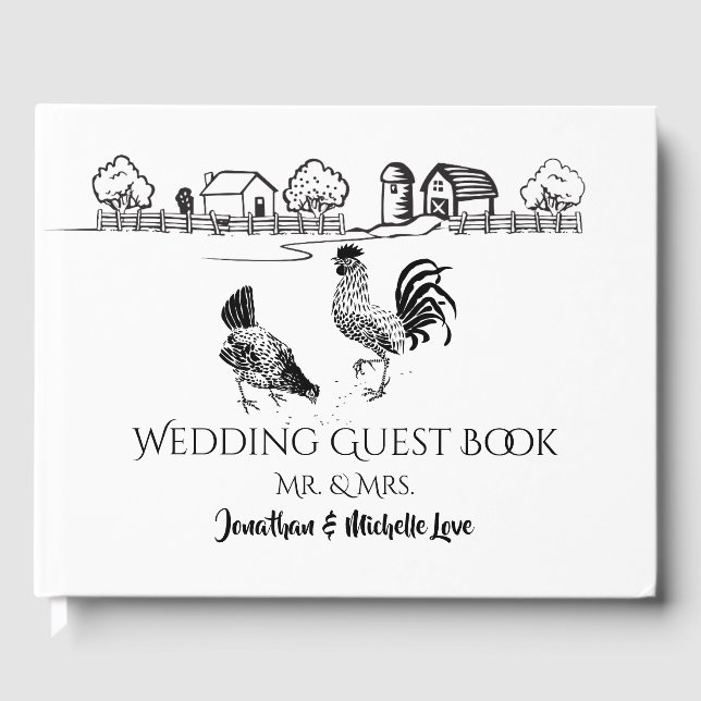 Livre D'or Coq De Poulets, Hen | Mariage de ferme noir, blanc (Recto)