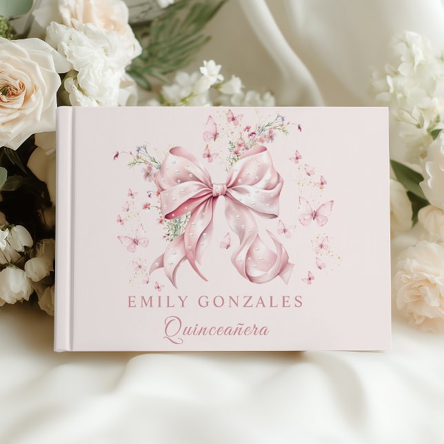 Livre D'or Coquette rose Perles de Bow Quinceañera Anniversai (Pink Bow Pearls quinceañera guest book)