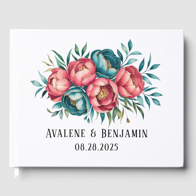 Livre D'or Corail et pivoines Turquoises Gold Bouquet Mariage (Recto)