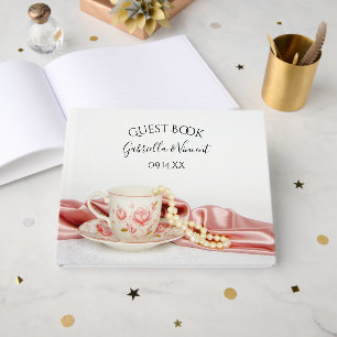Livre D'or Coupe de Thé Floral rose et Mariage de perles