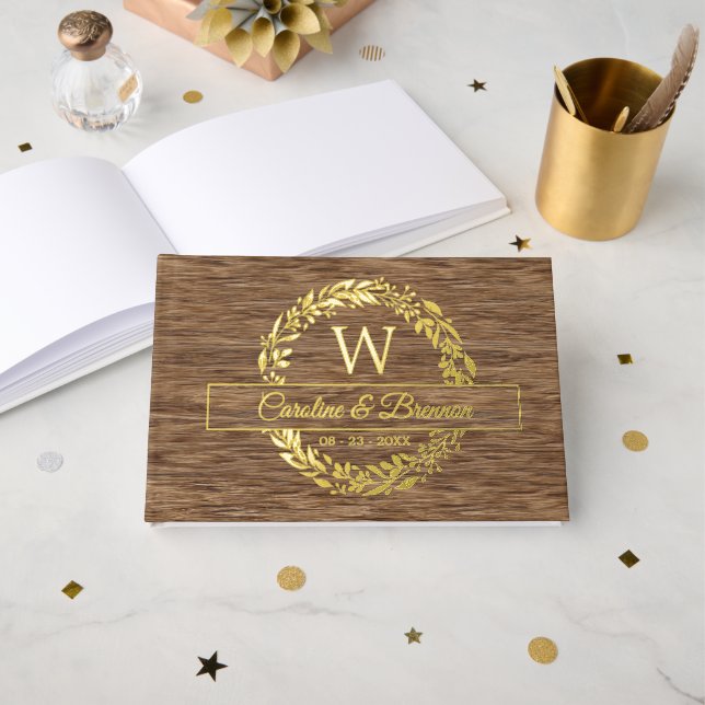 Livre D'or Couple Noms Mariage Date Laurel Wreath Gold (Recto ouvert)