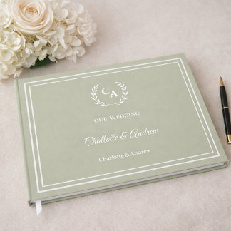 Livre D'or Couronne de mariage vert sauge monogrammée