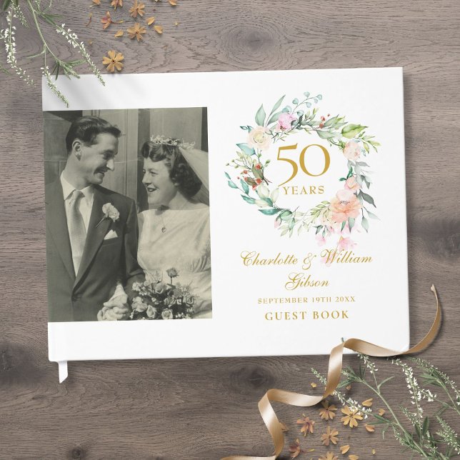 Livre D'or Couronne florale 50e anniversaire de mariage Photo (Floral Garland 50th Wedding Anniversary Photo Guest Book)