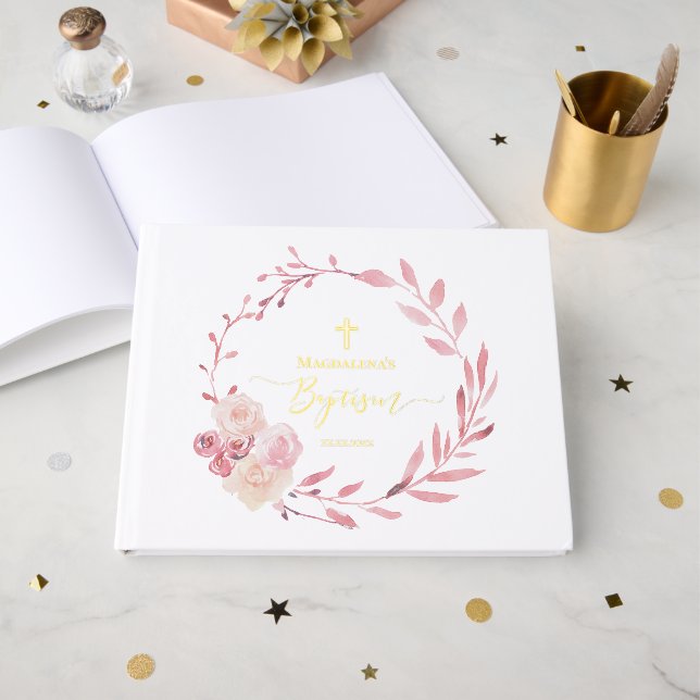 Livre D'or couronne florale rose Baptême (Recto ouvert)