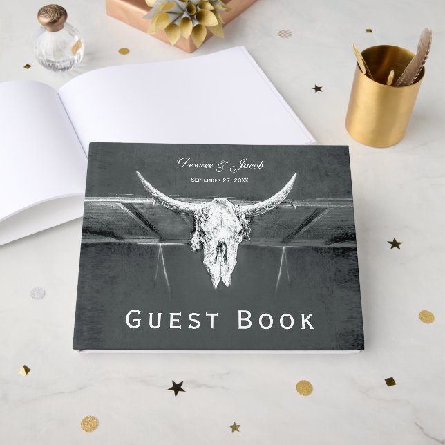 Livre D'or Crâne de taureau à texture charbon rustique gris o (Recto ouvert)