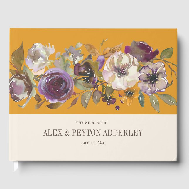 Livre D'or Crème jaune moutarde violet Mariage floral (Recto)