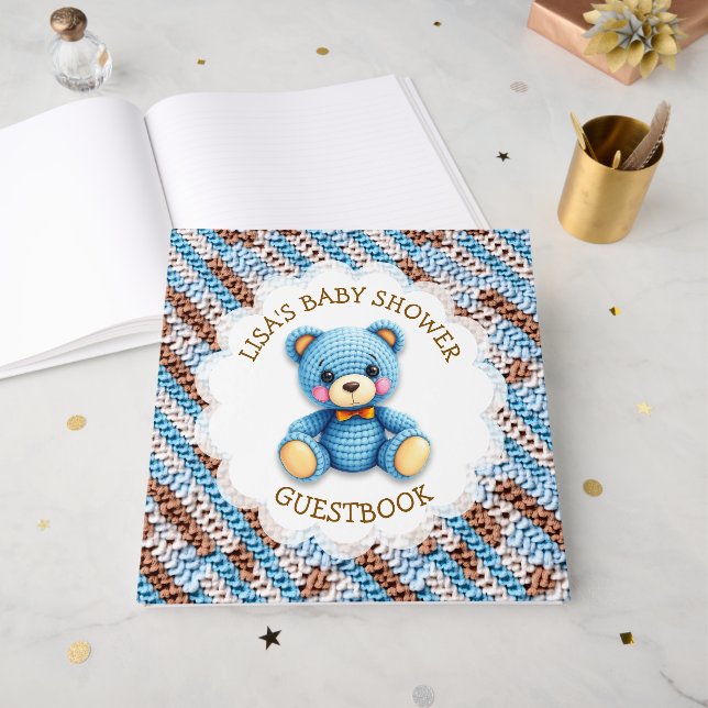 Livre D'or Crochet Teddy Bear | Boy's Baby Shower (Recto ouvert)
