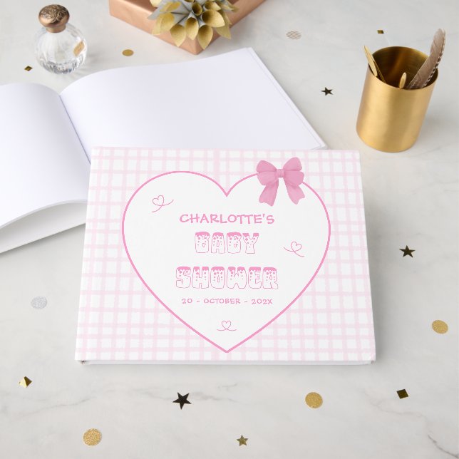 Livre D'or Cute Bow Pastel Pink Gingham Baby Shower (Recto ouvert)