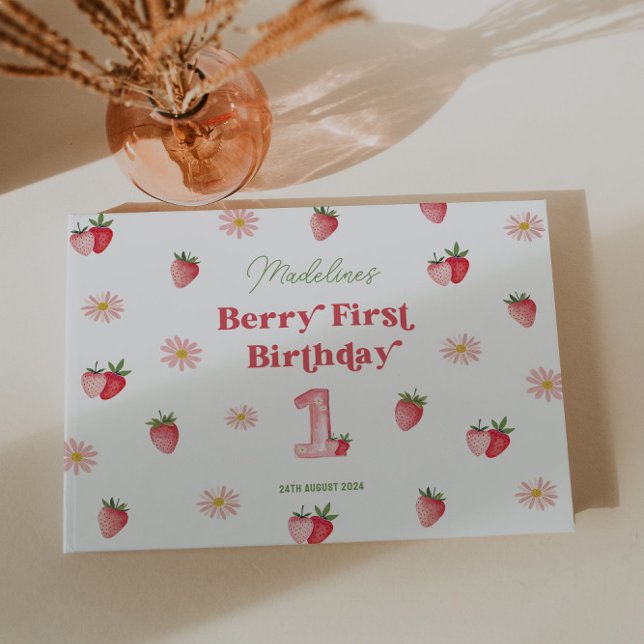 Livre D'or Cute Daisy et fraise Premier anniversaire (Berry Sweet First Birthday Guest Book featuring Adorable Paste Daises & Berries for a cute Keepsake)