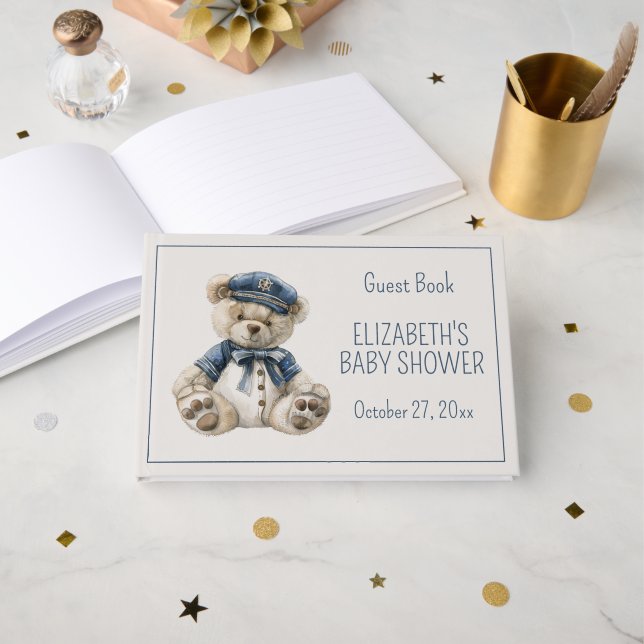 Livre D'or Cute Nautical Blue Baby Bear Baby Shower (Recto ouvert)