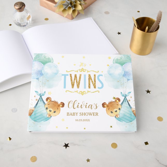 Livre D'or Cute Twin Boys Baby shower Nounours Twins (Recto ouvert)
