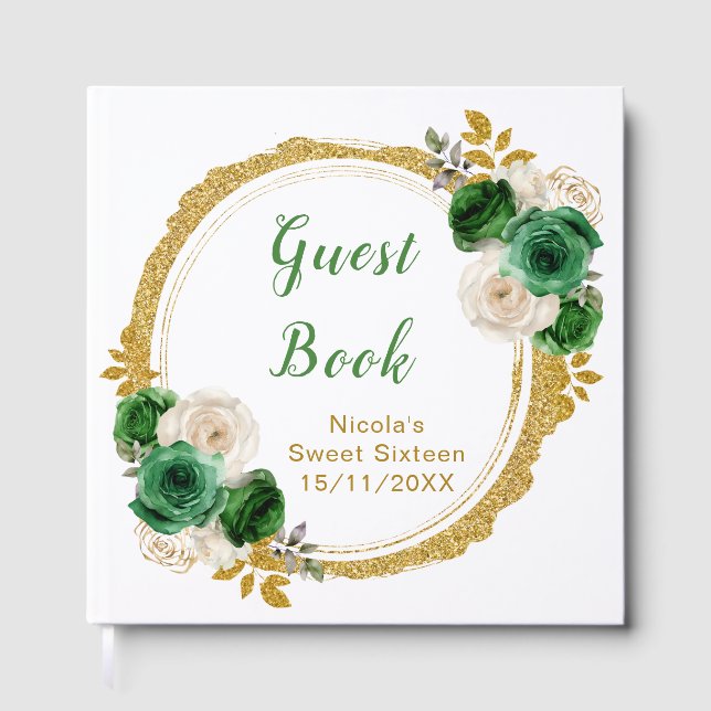 Livre D'or Dark Green and Gold Elegant Flowers Sweet Sixteen (Recto)