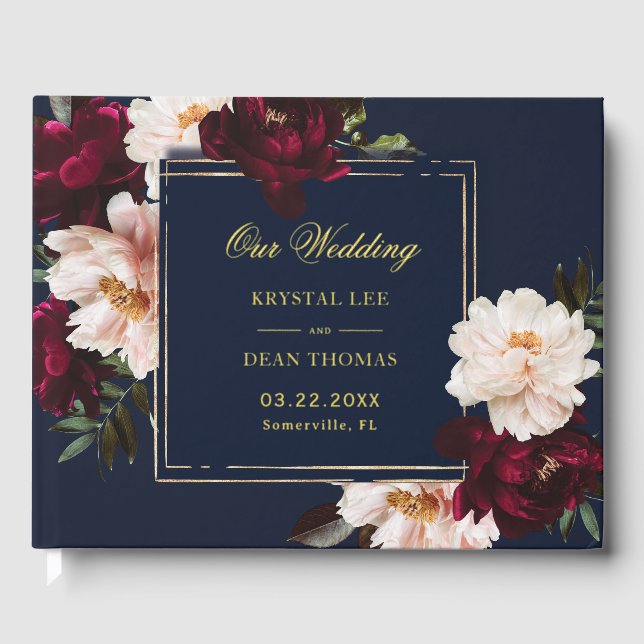 Livre D'or Dark Moody Burgundy Blush Navy Blue Floral Wedding (Recto)