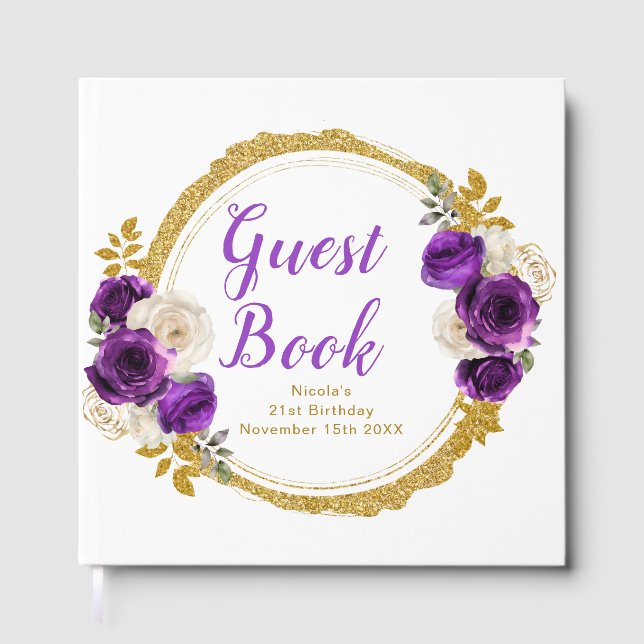 Livre D'or Dark Purple Gold Elegant Flowers Birthday Party (Recto)