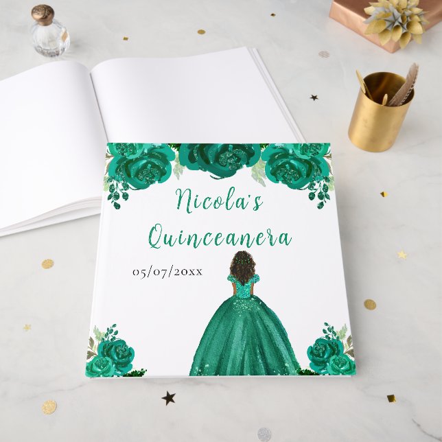 Livre D'or Dark Skin Princess Green Quinceanera Guest Book (Recto ouvert)