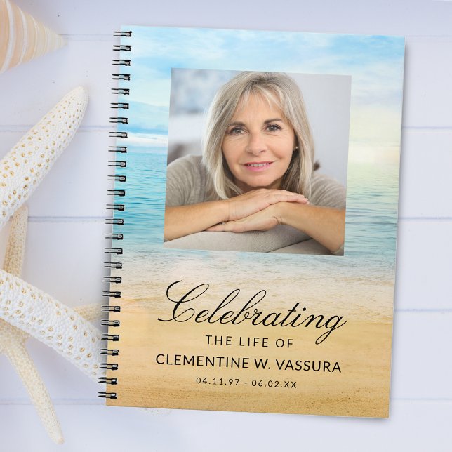 Livre d'or de deuil thème plage avec photo (Beach Theme Memorial Funeral Photo Guest Notebook)