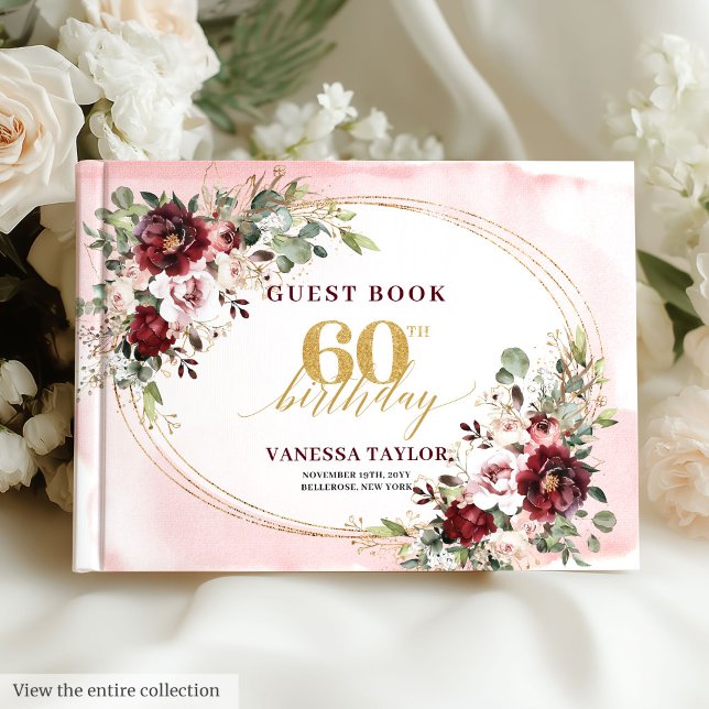 Livre d'or de fête pour 60 ans avec fleurs dorées  (Boho Deep Red Gold Floral 60th Birthday)
