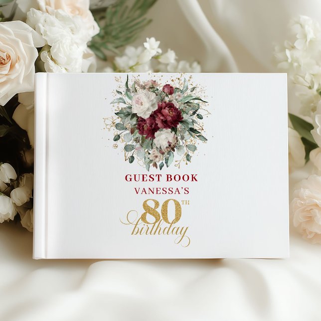 Livre d'or de fête pour 80 ans avec fleurs de Bour (Designer Burgundy Floral 80th Birthday Guest Book)