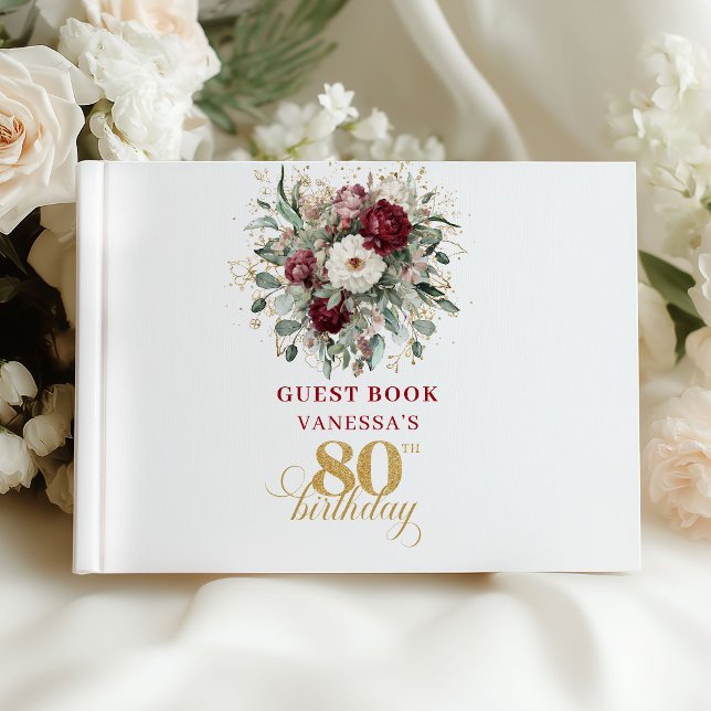 Livre d'or de fête pour 80 ans avec fleurs profond (Boho Deep Red Floral 80th Birthday Guest Book)