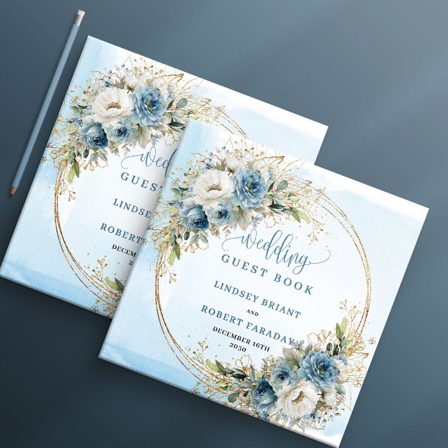 Livre d'or de fleurs bleues à l'aquarelle Boho ave (Boho Watercolor Blue Flowers Gold Guest Book)