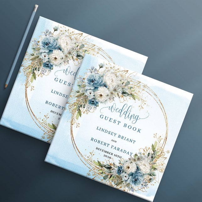Livre d'or de fleurs bleues pastel Boho avec bordu (Boho Pastel Blue Flowers Gold Guest Book)