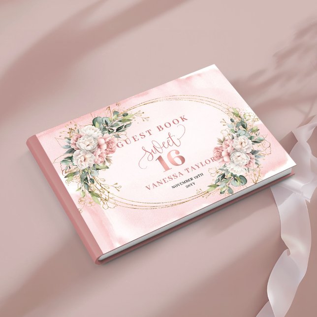 Livre d'or de fleurs de greenery bohème élégant ro (Elegant Bohemian Pink Flowers Greenery Guest Book)