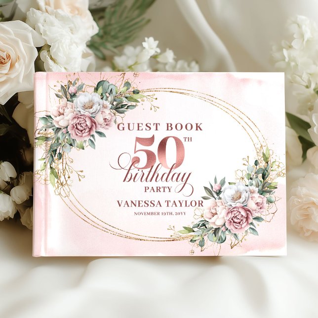 Livre d'or de luxe classique Rose Gold pour 50e an (Classic Luxe Rose Gold 50th Birthday Guest Book)